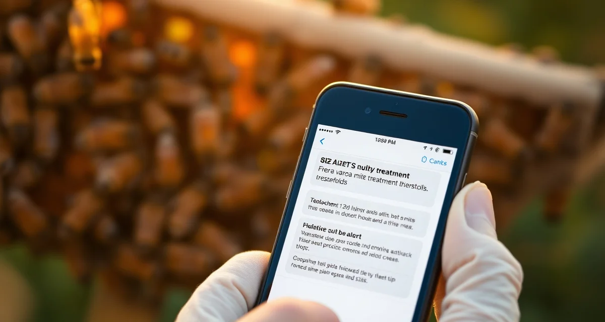 Smartphone showing varroa mite SMS alert notifications for proactive hive management and treatment timing