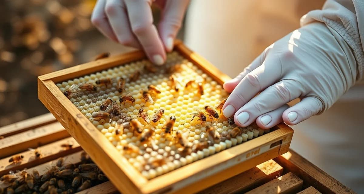 Beekeeper performing varroa mite count on honeycomb frame during early spring hive inspection and monitoring checklist procedure.