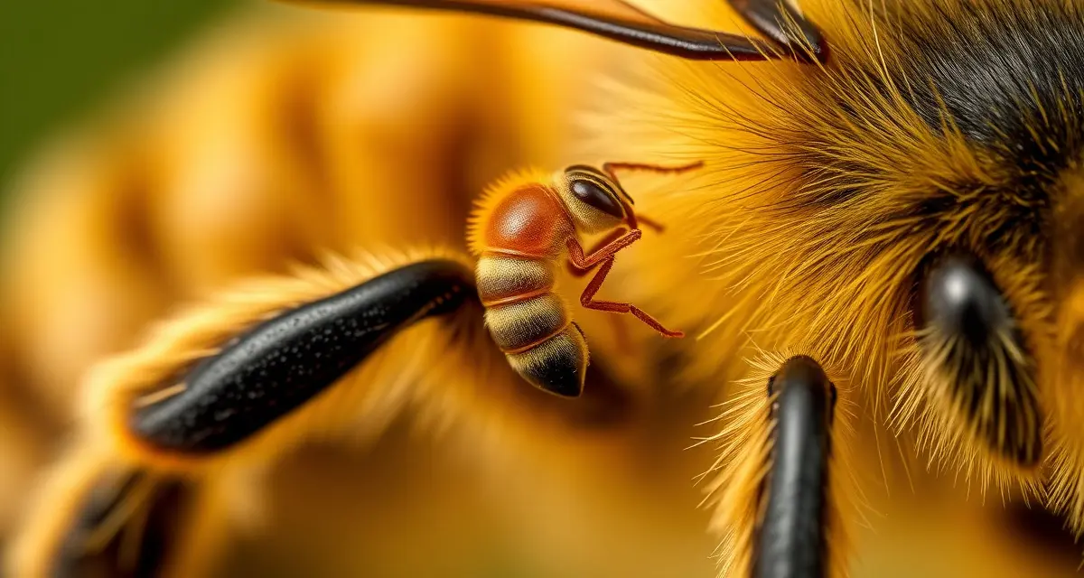 Macro close-up of varroa mite parasites on honeybee showing relationship between mite loads and spring swarming behavior