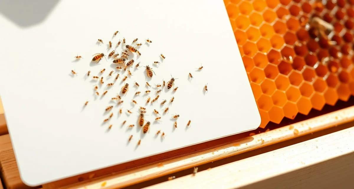 Close-up of varroa mite sticky board showing natural mite drop for hive health monitoring and accuracy assessment.