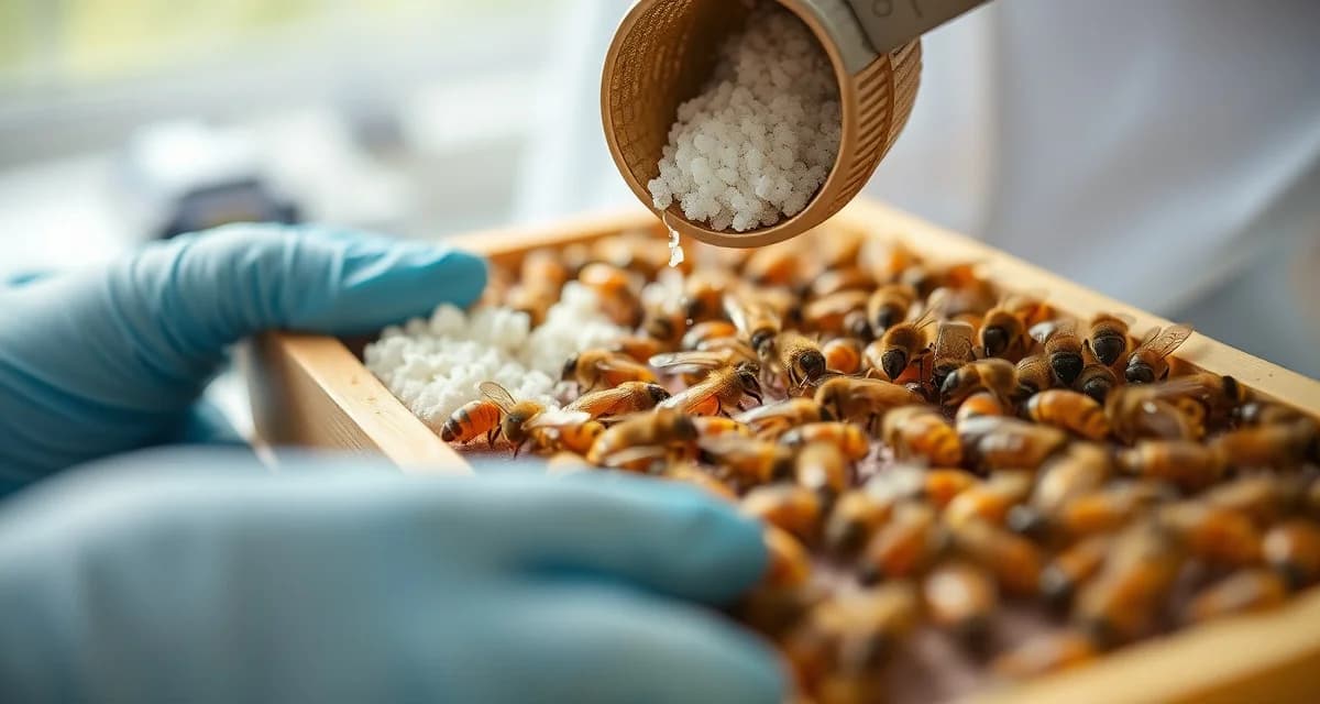 Close-up of varroa mite sugar roll accuracy test being performed on honeybee frame during hive monitoring procedure.