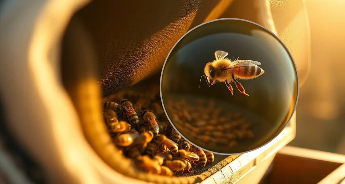 Beekeeper examining varroa mite infestation levels in a swarm trap before transferring caught bees to the main apiary.