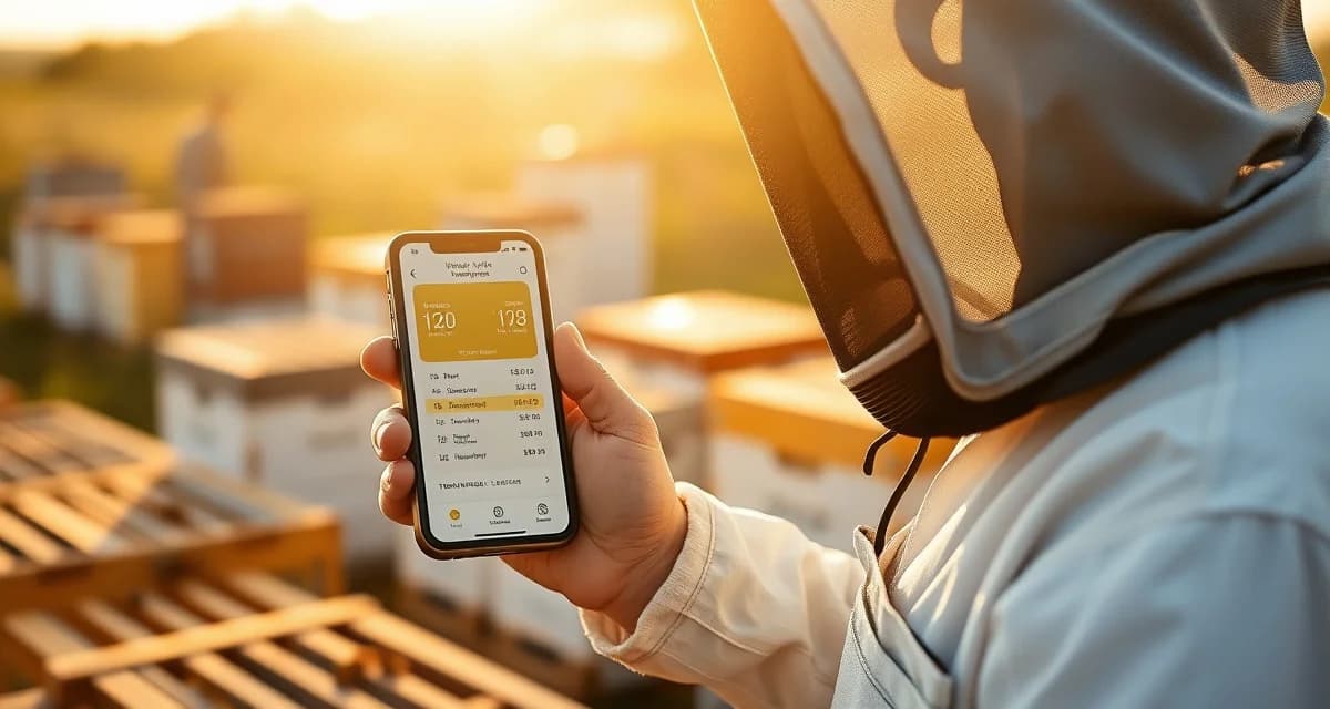 Beekeeper using VarroaVault mobile app to log varroa mite counts and hive treatments directly in the apiary with gloved hands