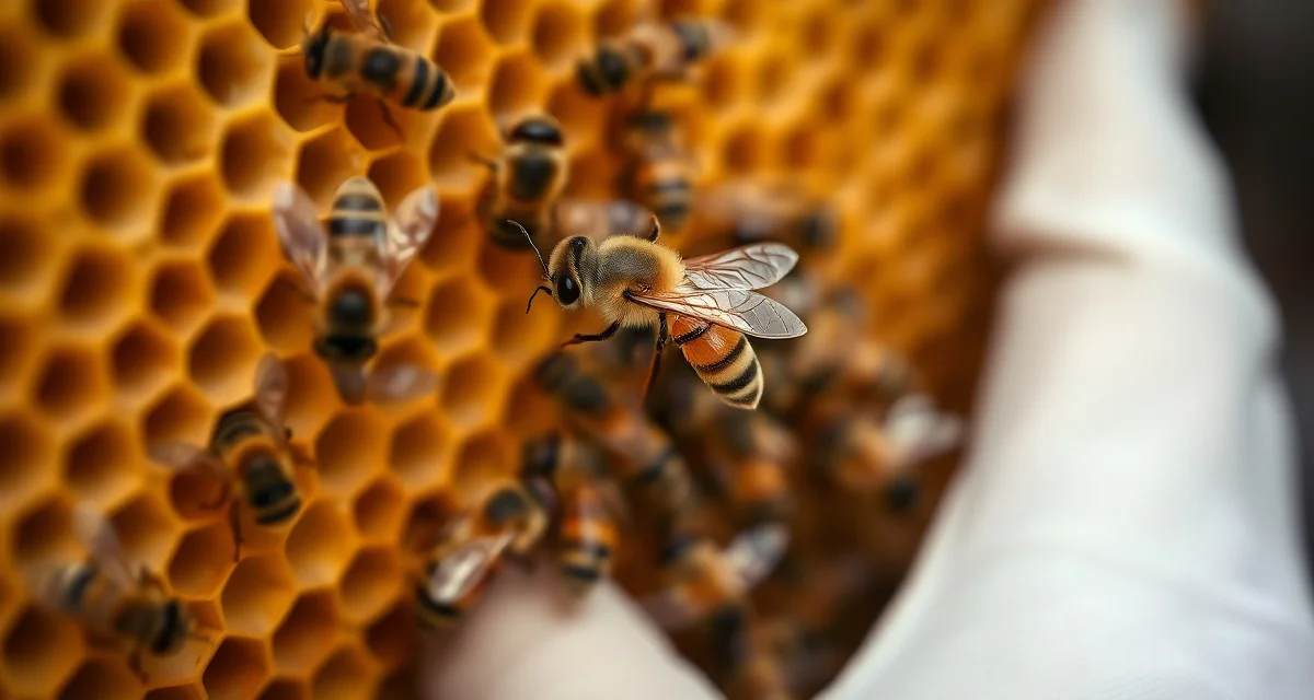 Varroa mite on honeybee frame with beekeeper examining Africanized honey bee colony during treatment protocol