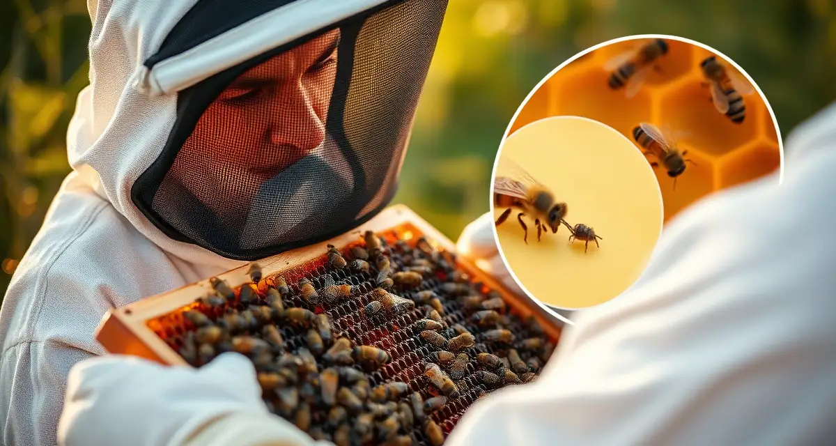 Beekeeper inspecting honeycomb frame after super removal in August for varroa mite treatment timing