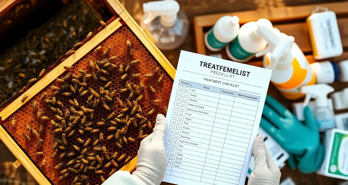 Beekeeper referencing varroa mite treatment checklist while inspecting honeycomb frame during hive inspection and treatment application.