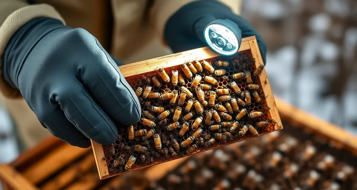 Beekeeper inspecting honeycomb frame for varroa mites during December hive management in winter cluster.