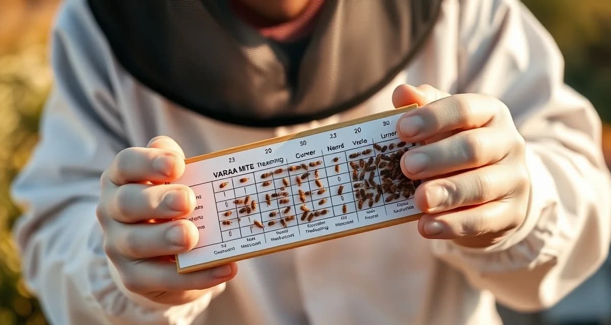 Beekeeper conducting varroa mite pre-treatment count using sampling protocol to measure treatment efficacy