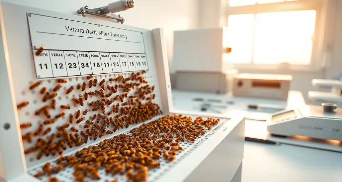 Varroa mite count tracking board showing treatment efficacy measurements for beehive management and resistance monitoring.