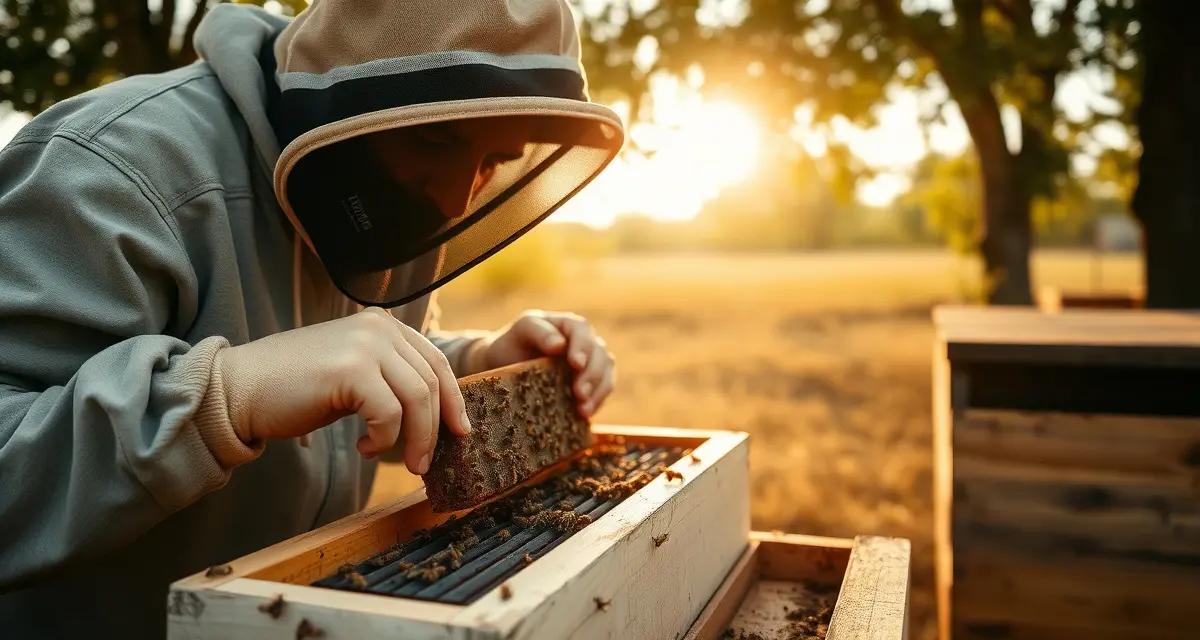 Beekeeper inspecting honeycomb frame for varroa mites in an isolated apiary with low reinfestation risk management techniques