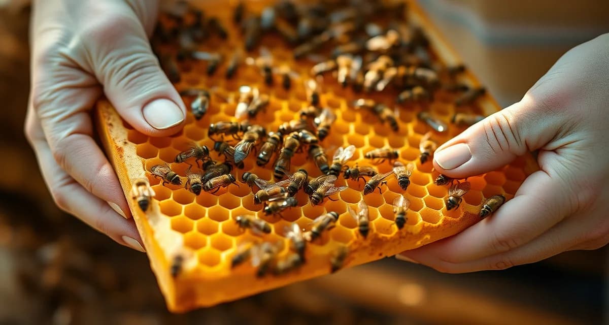 Beekeeper inspecting honeycomb frame for varroa mites during June hive monitoring to prevent summer infestation