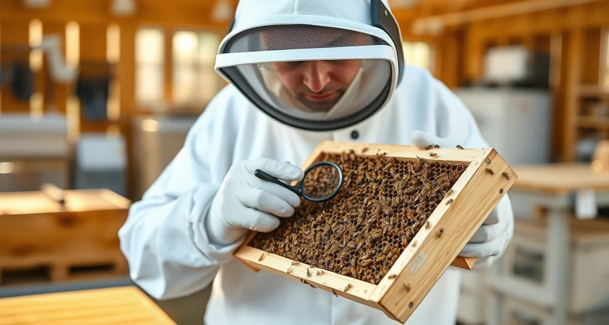 Beekeeper inspecting honeybee hive frame for varroa mite treatment preparation in March before active season begins