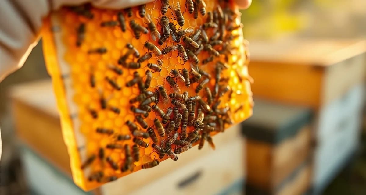 Beekeeper inspecting honeycomb frame for varroa mites during hive monitoring and treatment planning