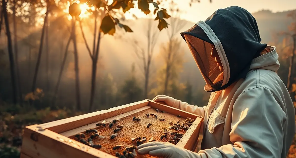 Beekeeper inspecting hive frame for varroa mites in North Carolina mountain apiary during fall treatment season