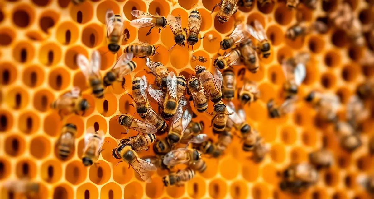 Honeycomb frame displaying varroa mites on bees during nectar dearth period, showing mite transmission risk in beehives.