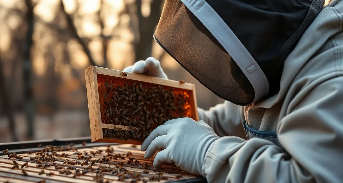 Beekeeper inspecting hive frame for varroa mites during November colony health check in cold climate zone