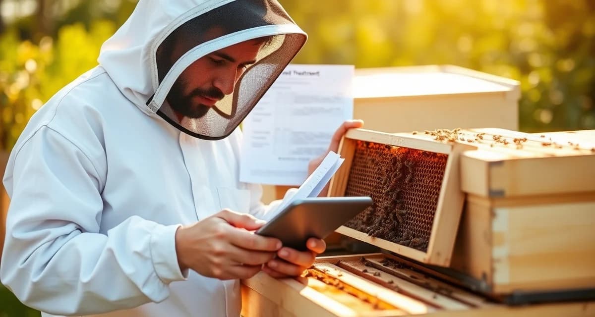 Beekeeper reviewing varroa mite treatment records on digital software tablet next to active hive frame showing varroa tracking data