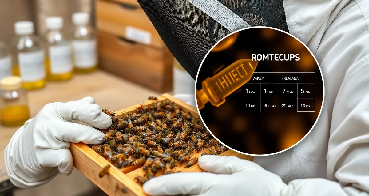 Beekeeper examining hive frame for varroa mites with treatment rotation chart visible, demonstrating resistance prevention strategy