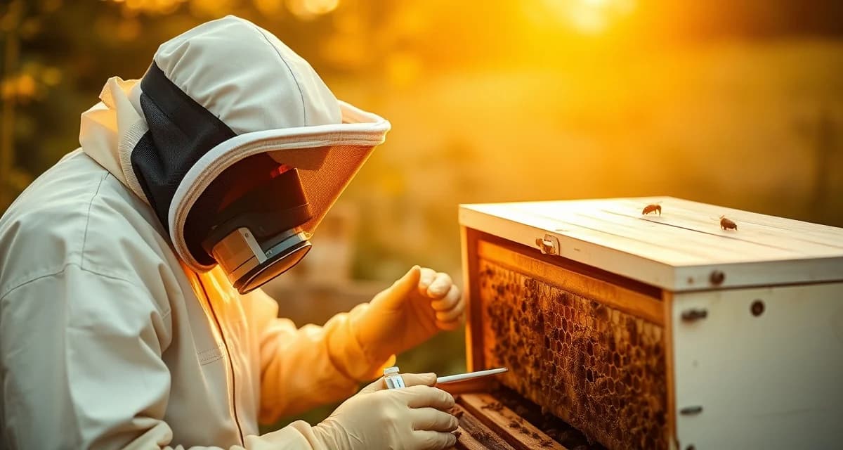 Beekeeper wearing proper PPE and respirator while safely applying varroa mite treatment to honeybee hive