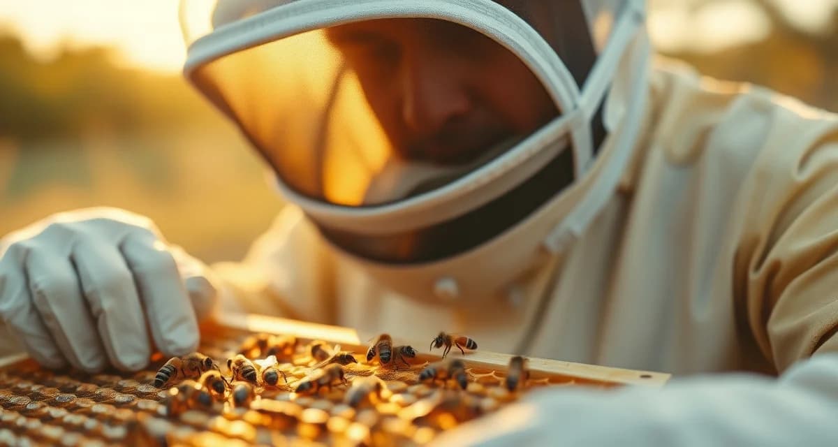 Beekeeper inspecting honeycomb frame for varroa mite treatment in September before winter preparations