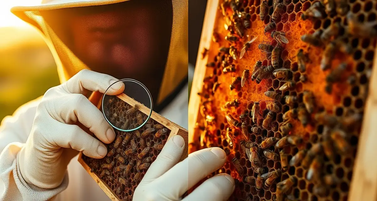 Beekeeper inspecting varroa mite population in split hive colony during post-split monitoring and treatment protocol