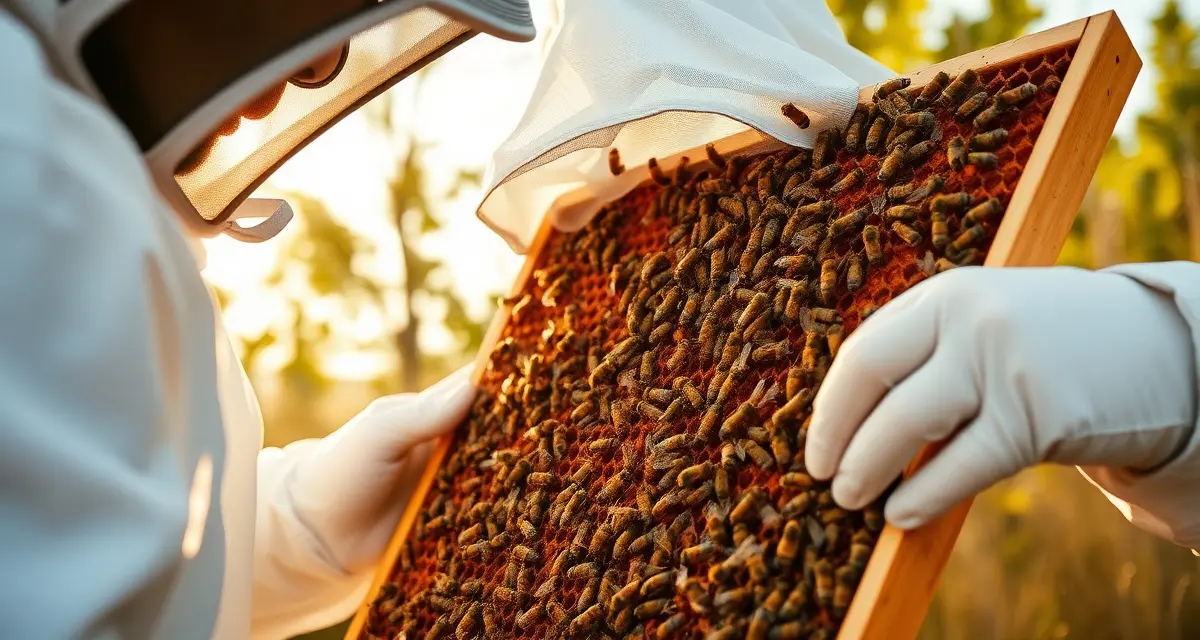 Beekeeper inspecting a strong fall colony frame for varroa mite treatment during August inspection