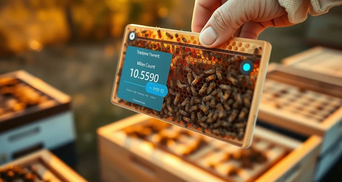 Beekeeper monitoring varroa mite treatment threshold alerts using digital beekeeping software on hive inspection