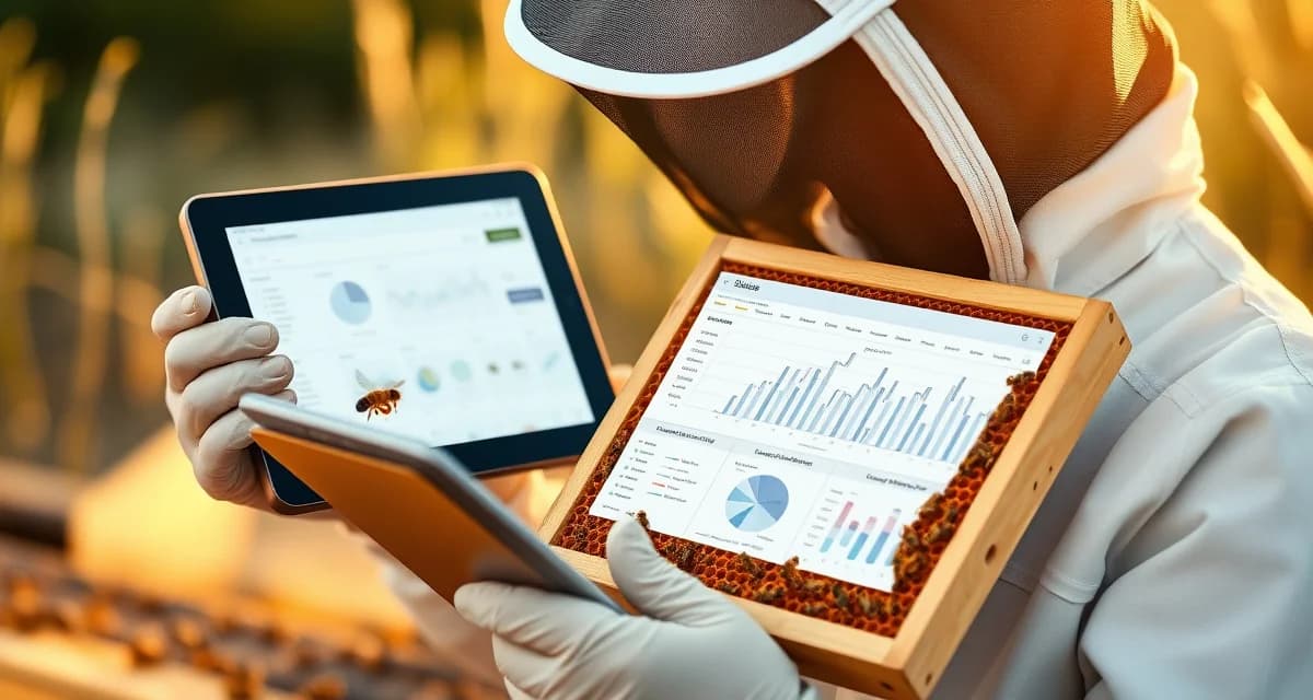Beekeeper examining honeycomb frame with varroa mite tracking software displayed on tablet for treatment management