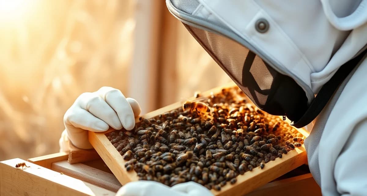 Beekeeper inspecting hive frame for varroa mite damage and colony health assessment after winter losses in apiary