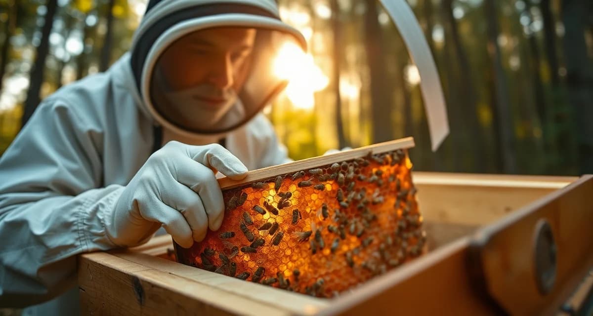 Beekeeper inspecting hive frame for varroa mites in Zone 5 climate during spring treatment season