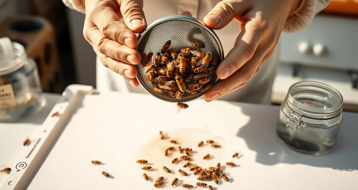 Beekeeper performing a varroa mite wash test to count mites in honeybee sample using alcohol solution and mesh strainer