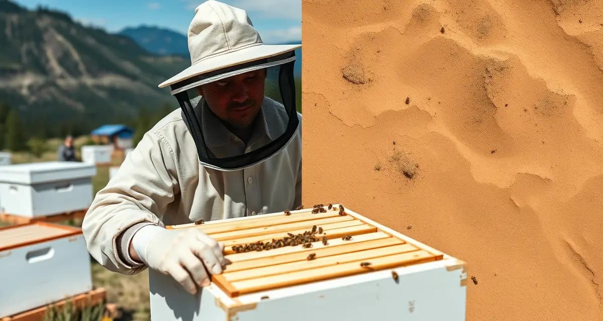 Beekeeper inspecting hive frame for varroa mites with Washington State's Cascade Mountains landscape visible in background