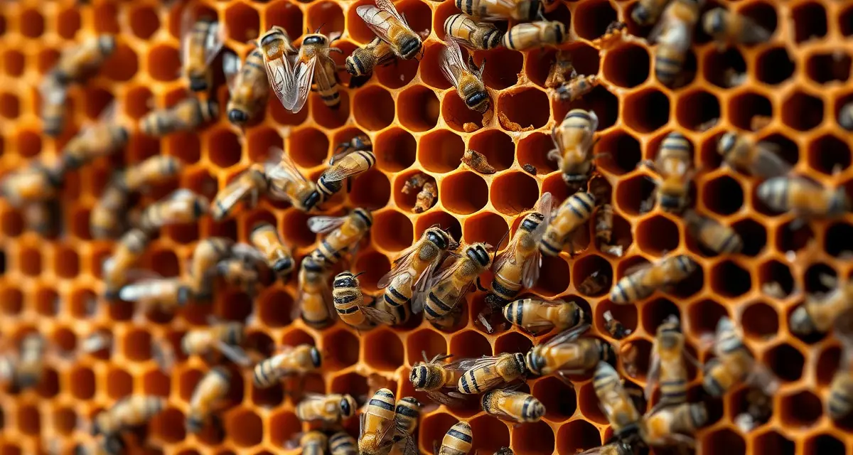 Close-up of honeycomb frame showing varroa mite infestation on honeybees during fall treatment for winter colony loss prevention