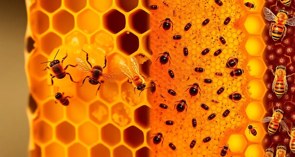 Honeybee frame showing varroa mites on pupae and American foulbrood infected brood cells demonstrating disease susceptibility connection