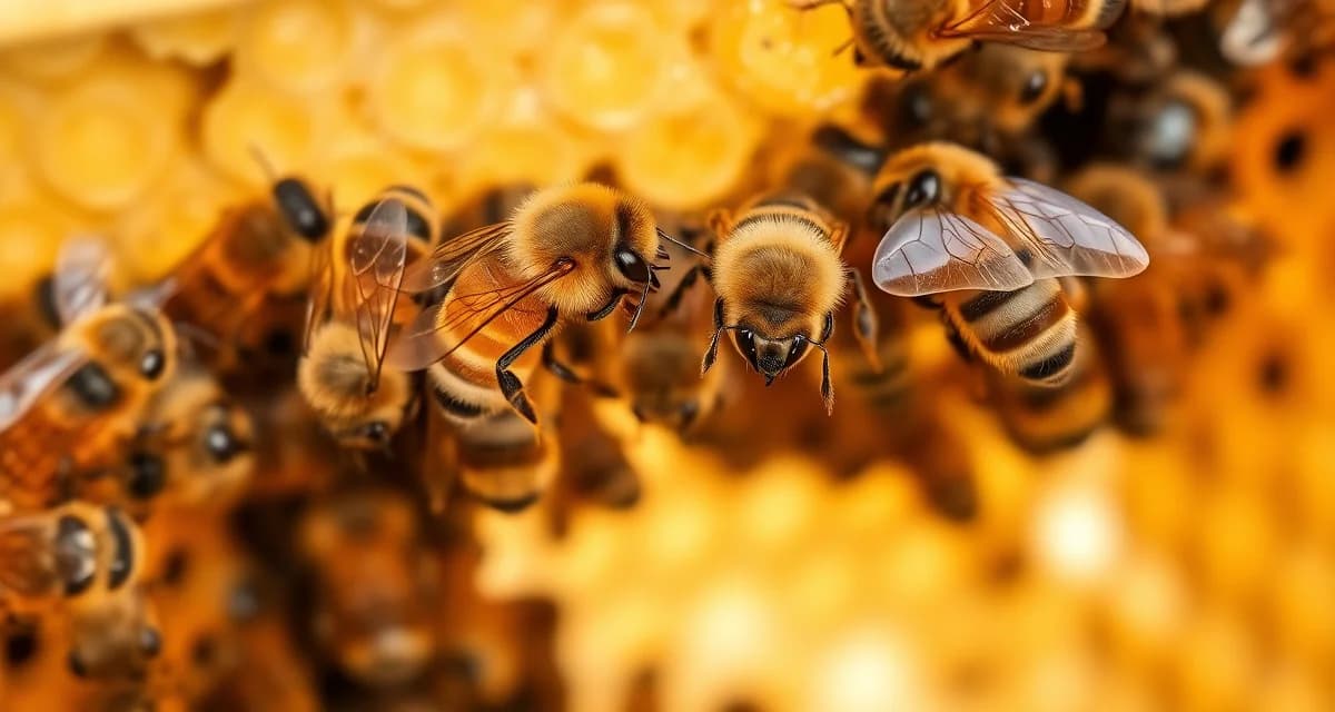 Honeybee frame displaying varroa mites on adult bees, illustrating feral colony resistance to parasites in managed beekeeping populations.