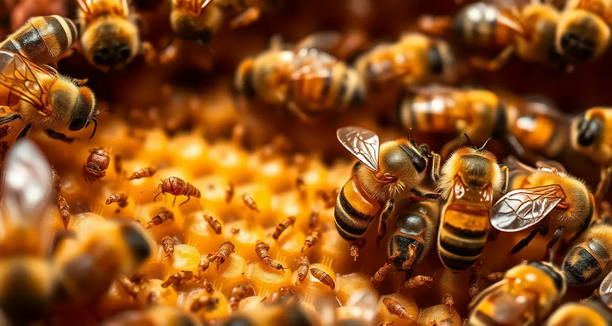 Honeybee frame showing varroa mites on worker bees during package bee inspection and monitoring