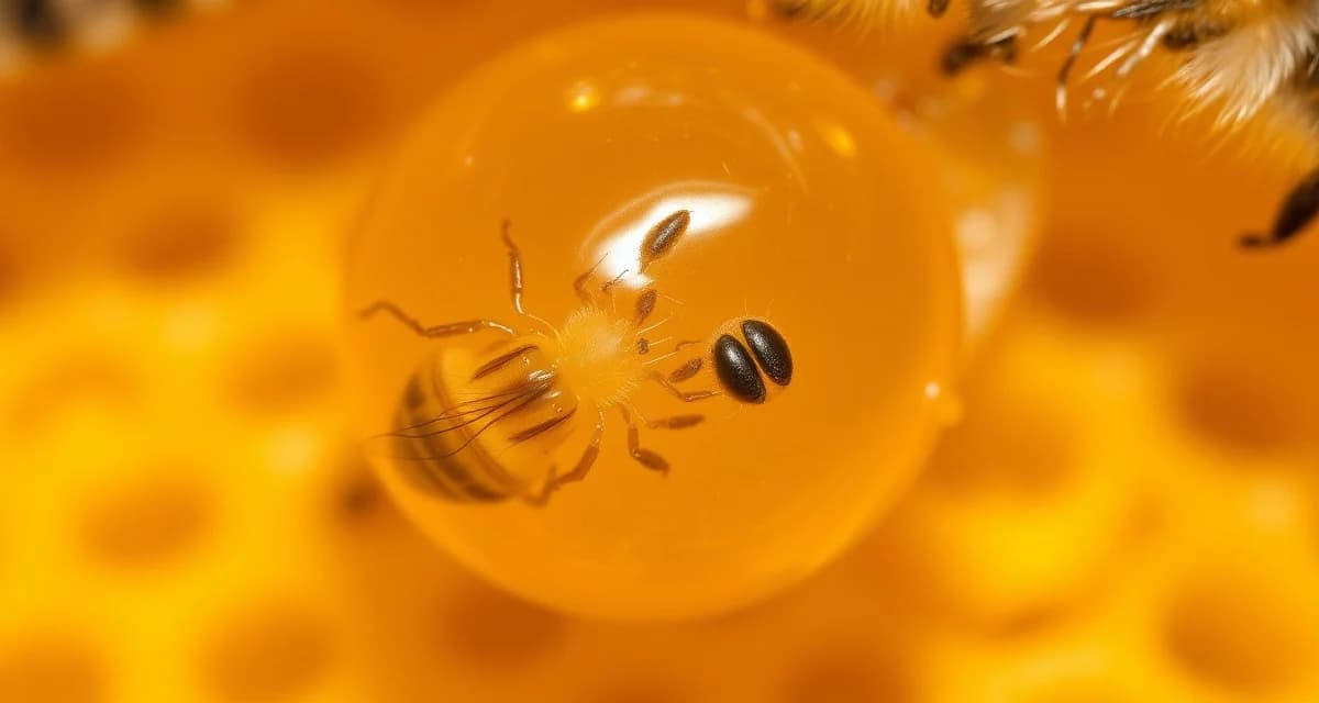 Honeybee queen cell infested with varroa mites, demonstrating how mite loads damage queen development and productivity.