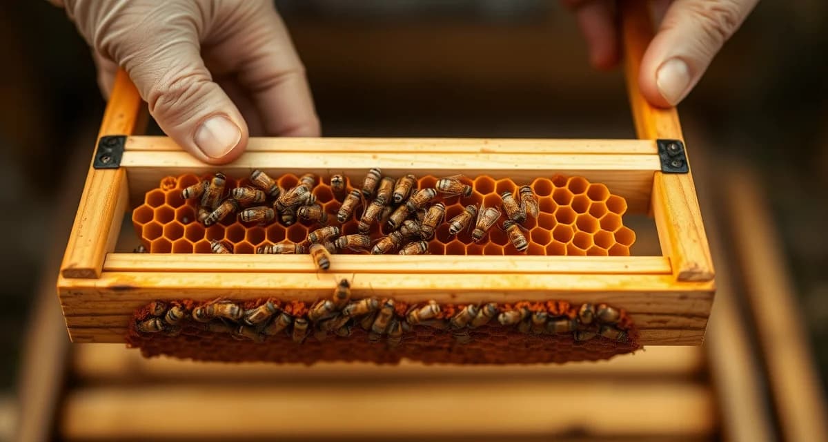 Close-up view of varroa mites on honeycomb in a top-bar hive during inspection and monitoring.