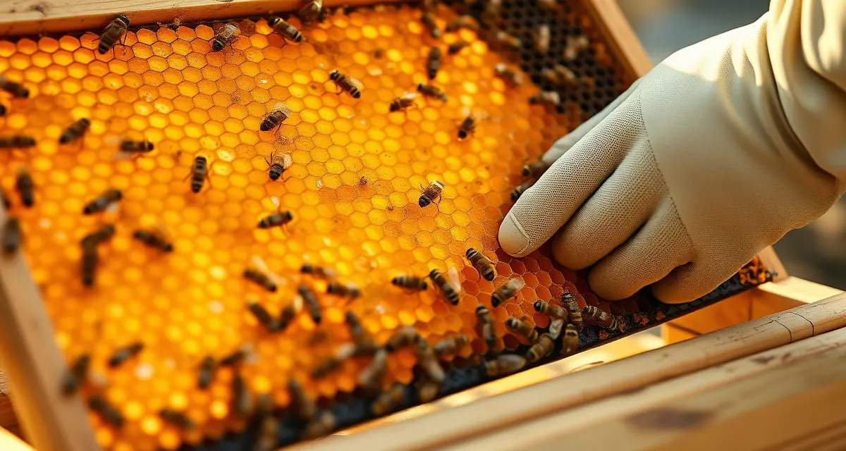 Beekeeper inspecting Warré hive frame for varroa mites using natural monitoring techniques in sustainable beekeeping