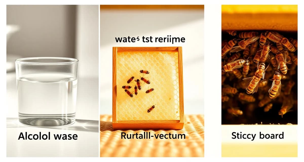Comparison of three varroa sampling methods: alcohol wash, sugar roll, and sticky board techniques for accurate mite counting in bee colonies.