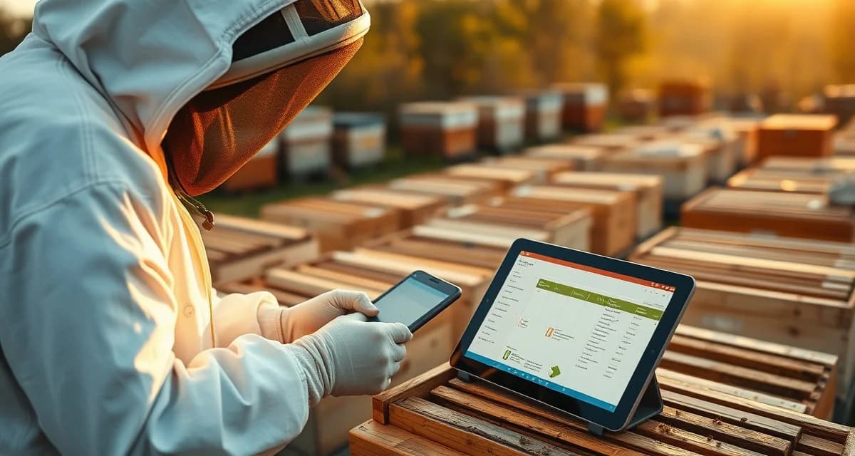 Beekeeper using VarroaVault batch treatment logging system to efficiently manage varroa mite treatment across 50 hives in organized apiary.