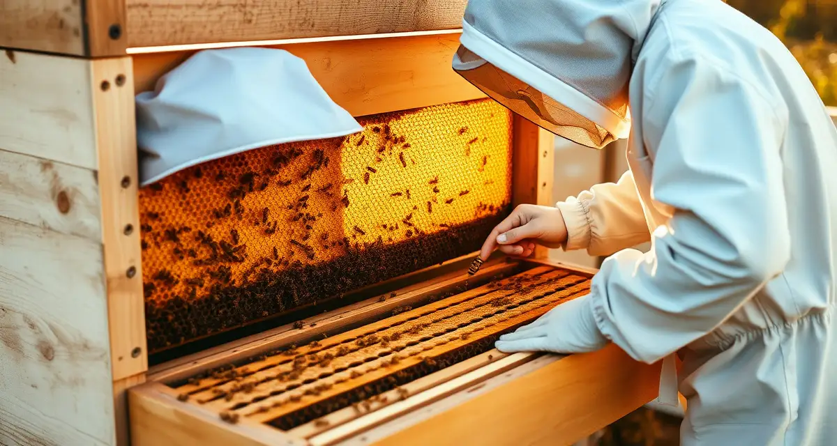 Beekeeper inspecting honeycomb frames for varroa mite treatment compliance during hive audit and inspection preparation