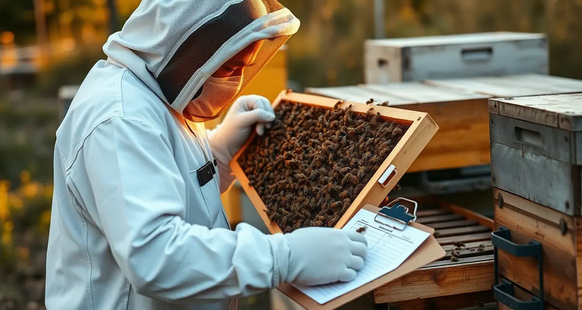 Beekeeper inspecting hive frame during varroa mite treatment with cost tracking supplies and multiple hives in background.