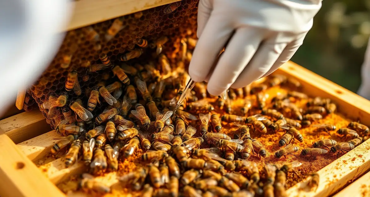 Varroa mite treatment application on Flow Hive super with honey extraction frames and bees visible