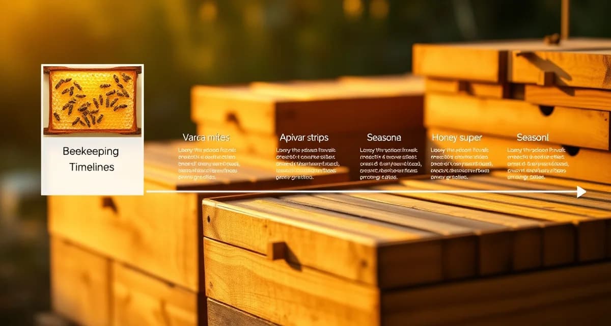 Timeline diagram showing varroa mite treatment to honey harvest schedule for beekeepers managing hive supers.
