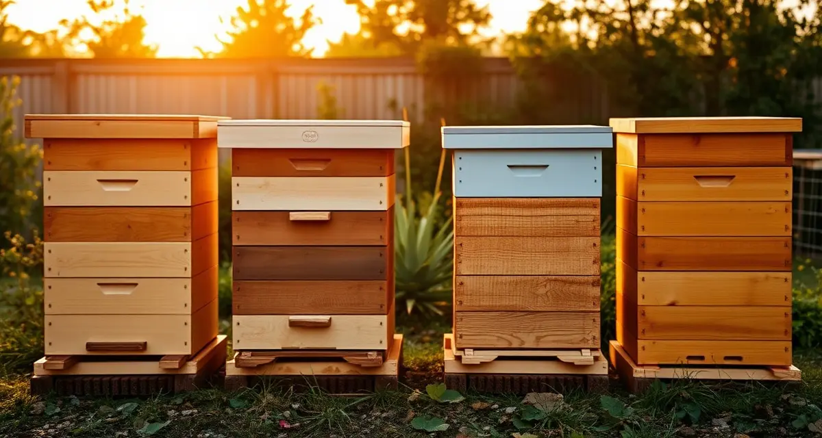 Comparison of four beehive types showing structural differences between Langstroth, Top Bar, Warré, and Flow Hives used for varroa mite treatment