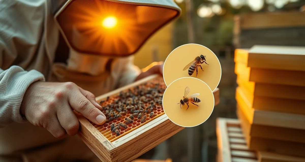 Beekeeper inspecting hive frame for varroa mites during honey flow season with treatment considerations in mind