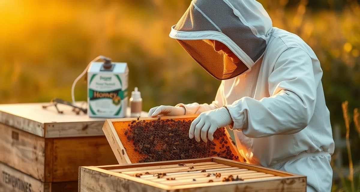 Beekeeper inspecting honey super with pre-harvest interval guidelines for varroa mite treatments in background