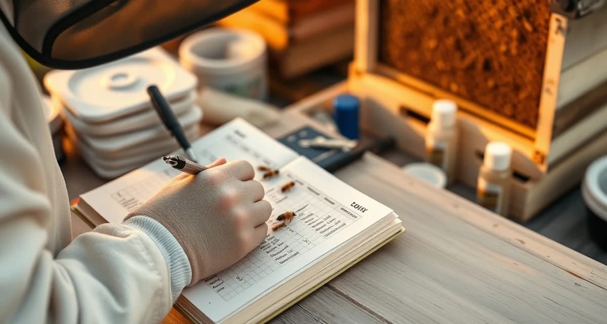 Beekeeper recording varroa mite treatment details in a complete treatment log example with hive documentation