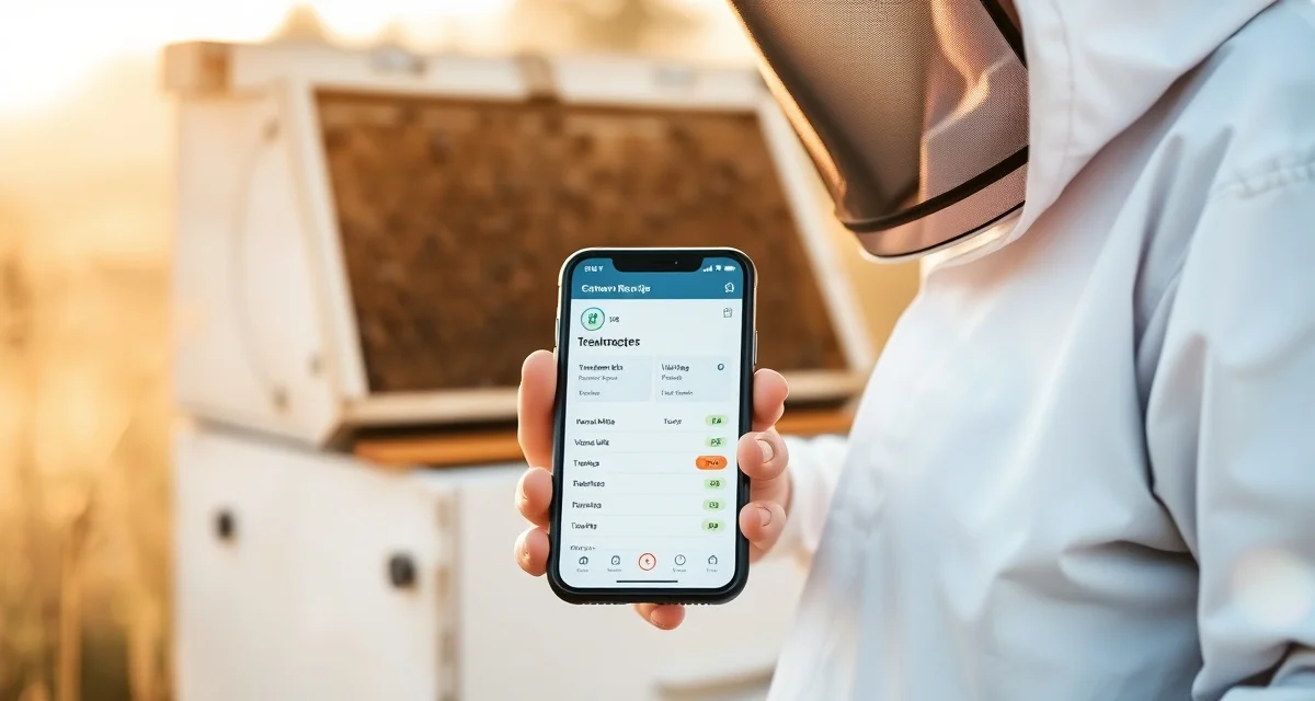Beekeeper using VarroaVault mobile app to record varroa treatment data directly in the apiary during hive inspection